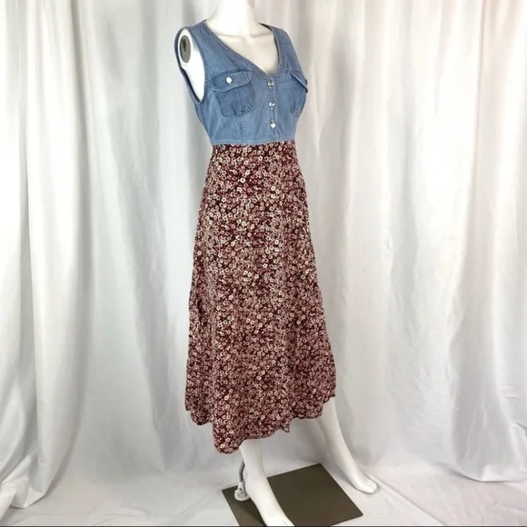 Vintage Midi Length Floral and Denim Sleeveless Dress - Picture 5 of 10